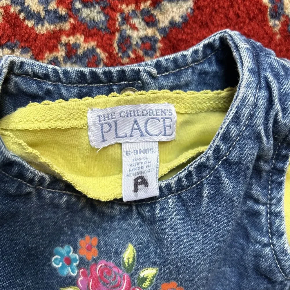 Vintage 90s Y2K Childrens Place Denim Baby Girl Dress Set 6-9 Months Flowers